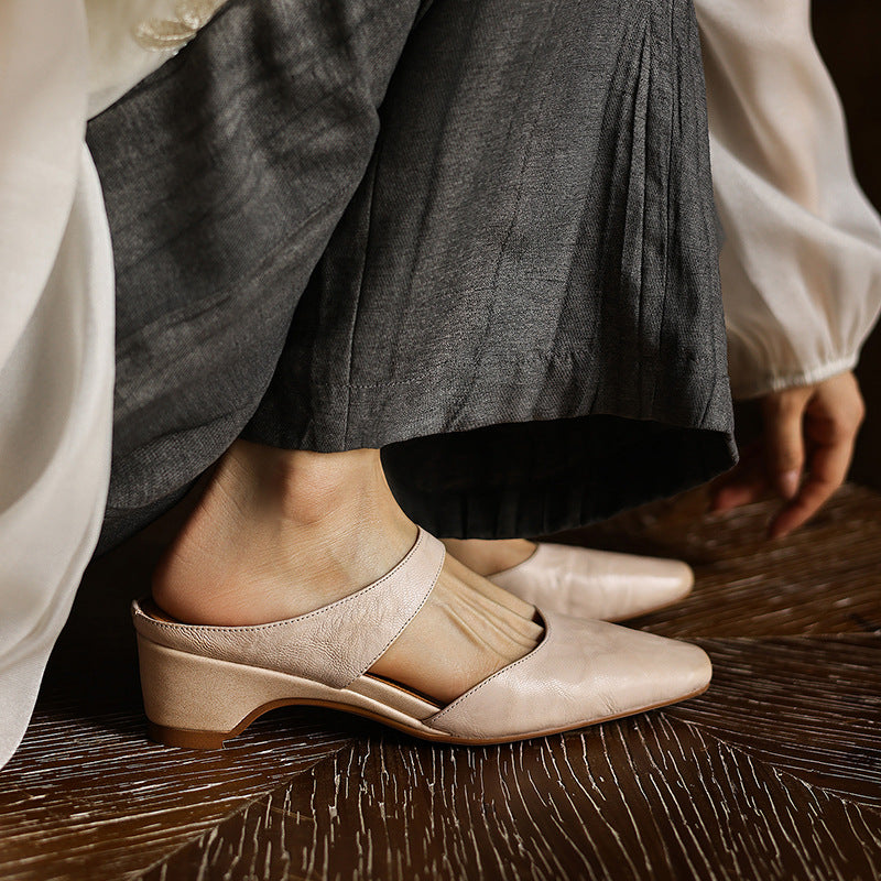 Calelle | Square-Toe Leather Mules with Wedge Heel