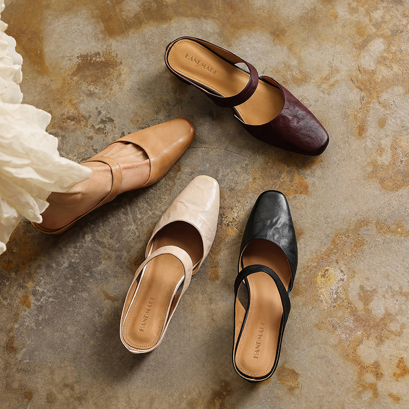 Calelle | Square-Toe Leather Mules with Wedge Heel
