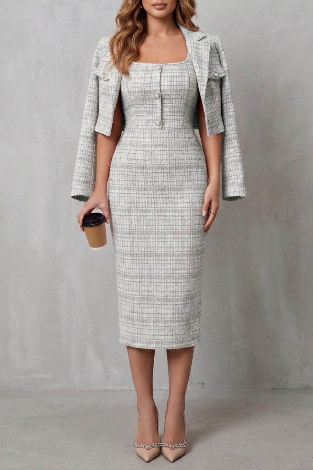 Cedine | Plaid Midi Dress Two-Piece Set