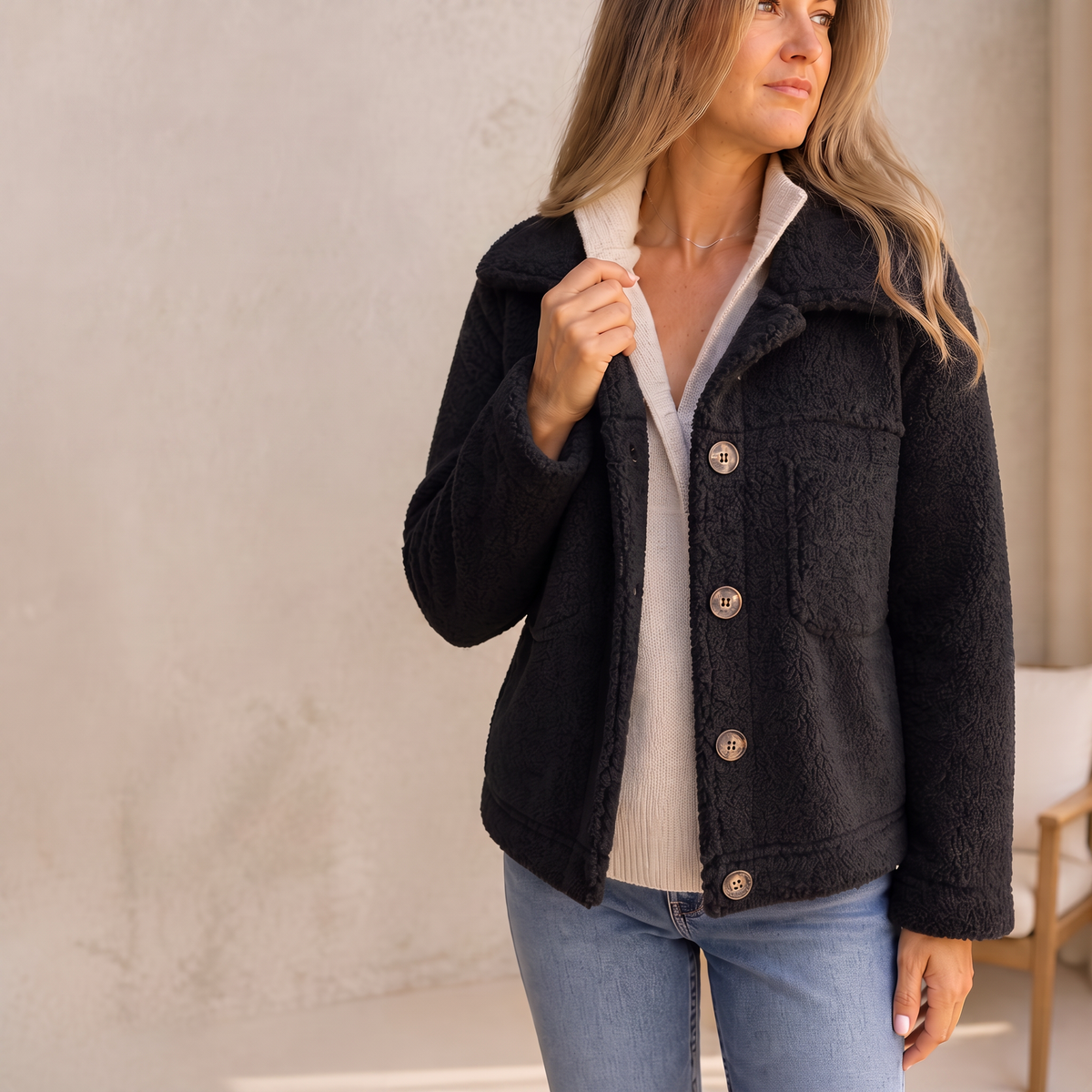 Corette | Curly Faux Fur Button Jacket