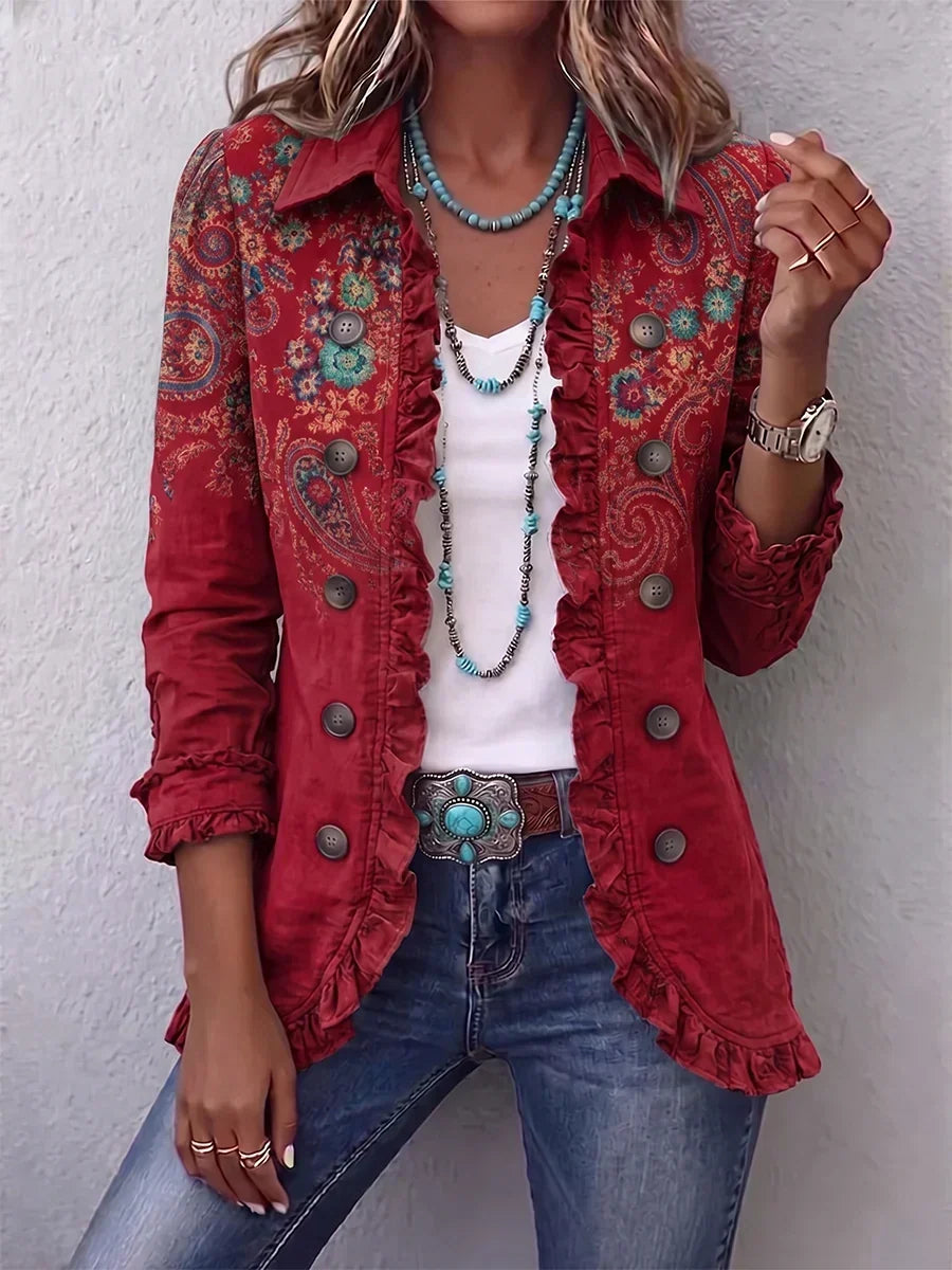 Corina | Red Paisley Ruffle Trim Jacket