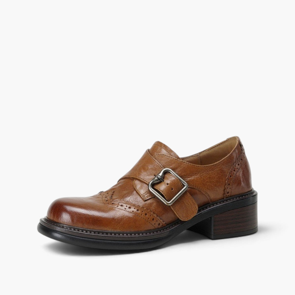 Delana | Monk-Strap Leather Brogues Block Heel
