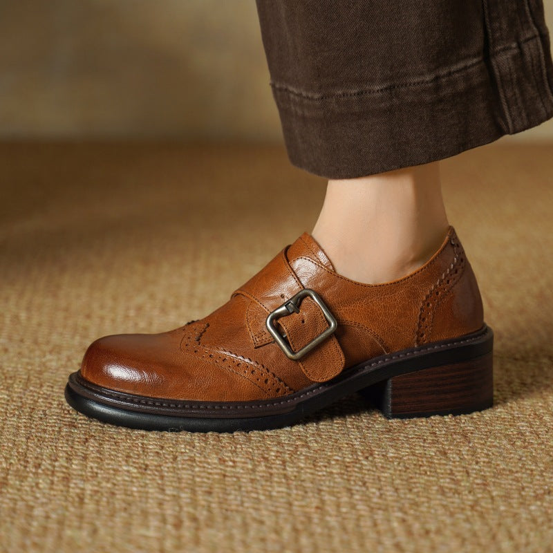 Delana | Monk-Strap Leather Brogues Block Heel