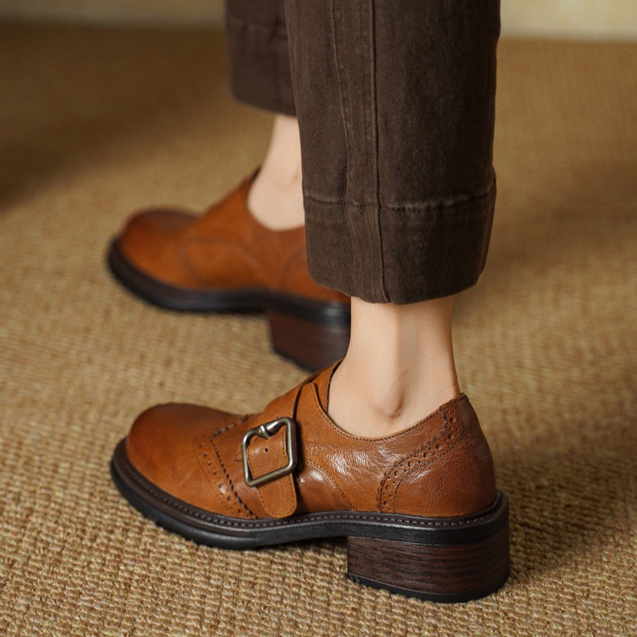 Delana | Monk-Strap Leather Brogues Block Heel