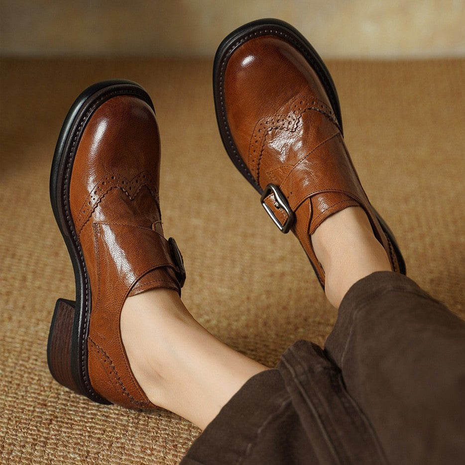 Delana | Monk-Strap Leather Brogues Block Heel