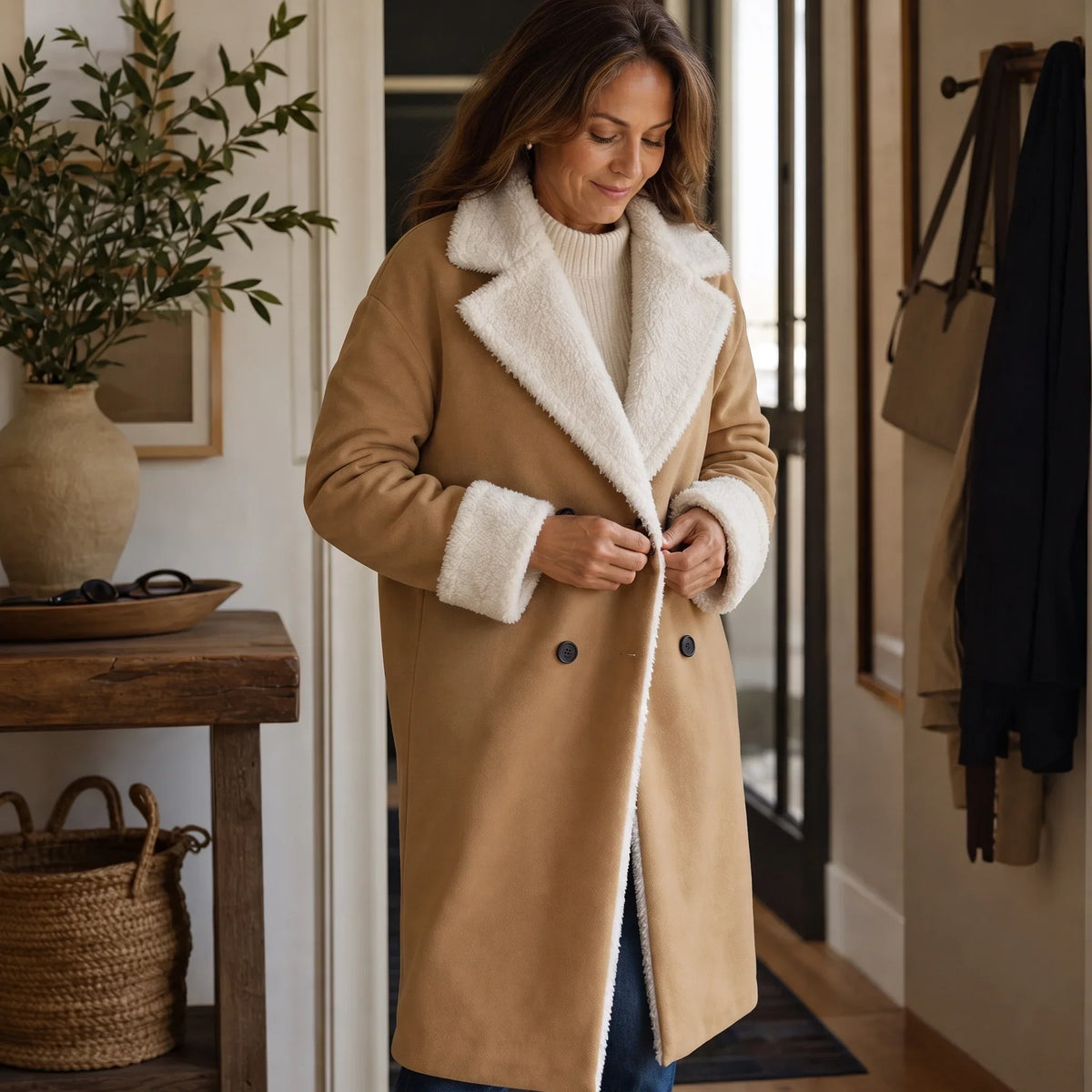 Emanne | Camel Winter Coat with Sherpa Lining
