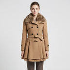 Eveanne | Belted Coat with Fur Collar Flared Hem