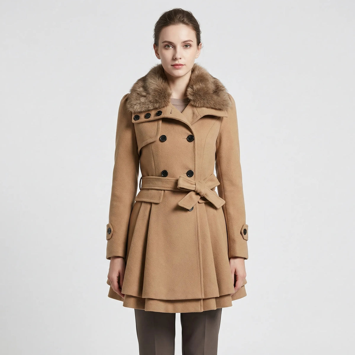 Eveanne | Belted Coat with Fur Collar Flared Hem