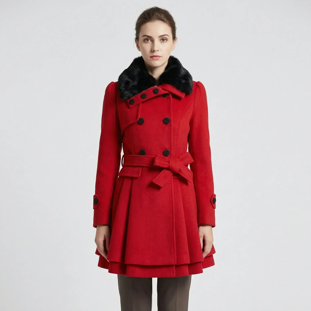 Eveanne | Belted Coat with Fur Collar Flared Hem