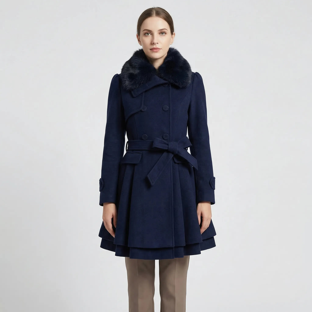 Eveanne | Belted Coat with Fur Collar Flared Hem