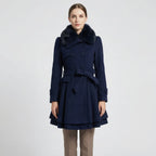 Eveanne | Belted Coat with Fur Collar Flared Hem