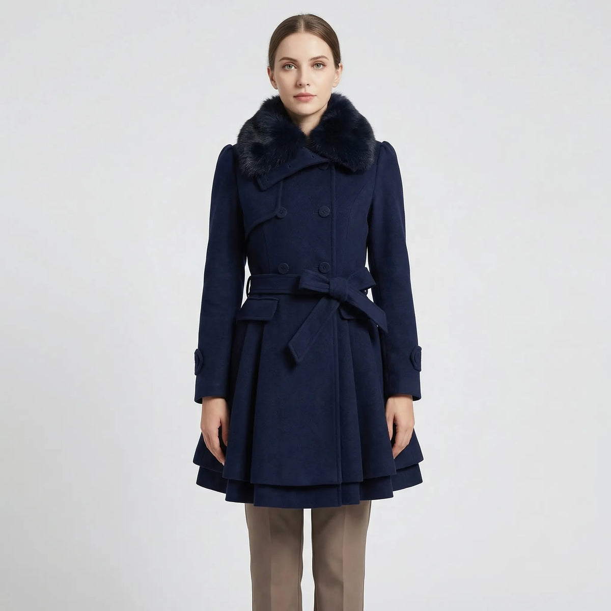 Eveanne | Belted Coat with Fur Collar Flared Hem