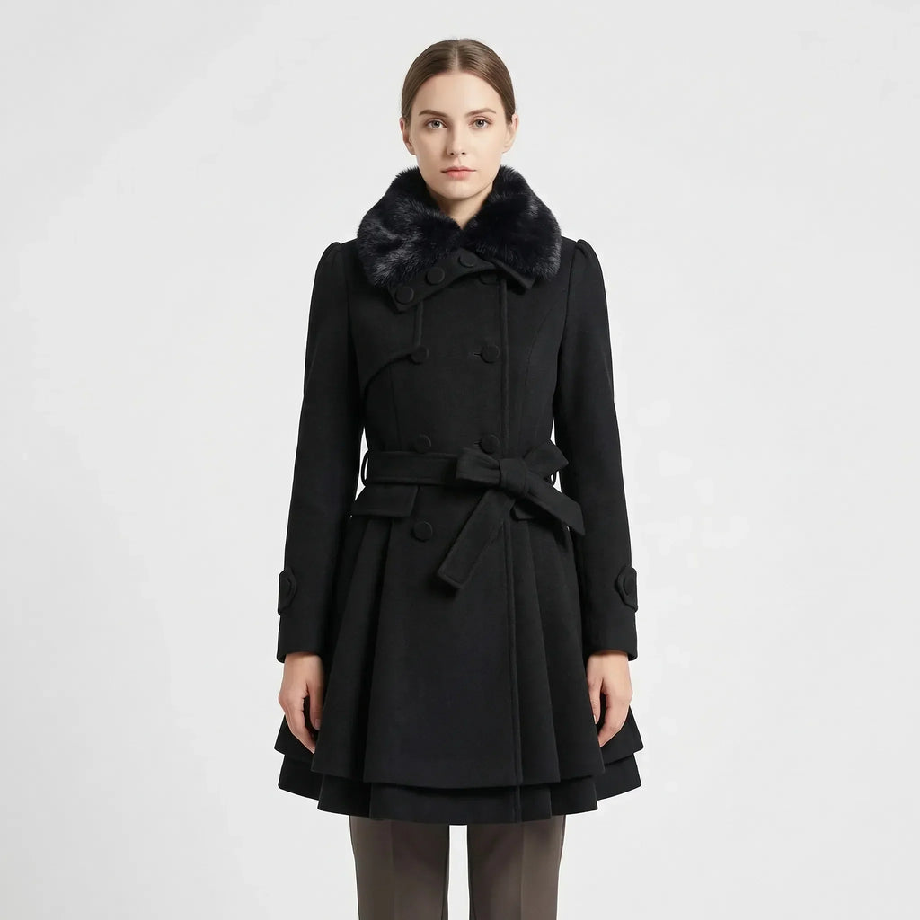Eveanne | Belted Coat with Fur Collar Flared Hem