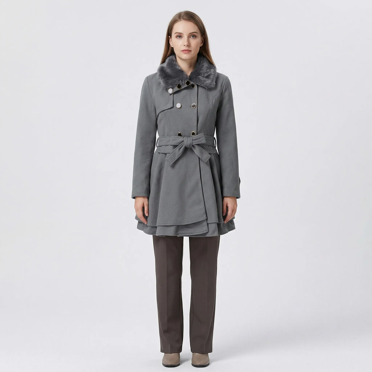 Eveanne | Belted Coat with Fur Collar Flared Hem