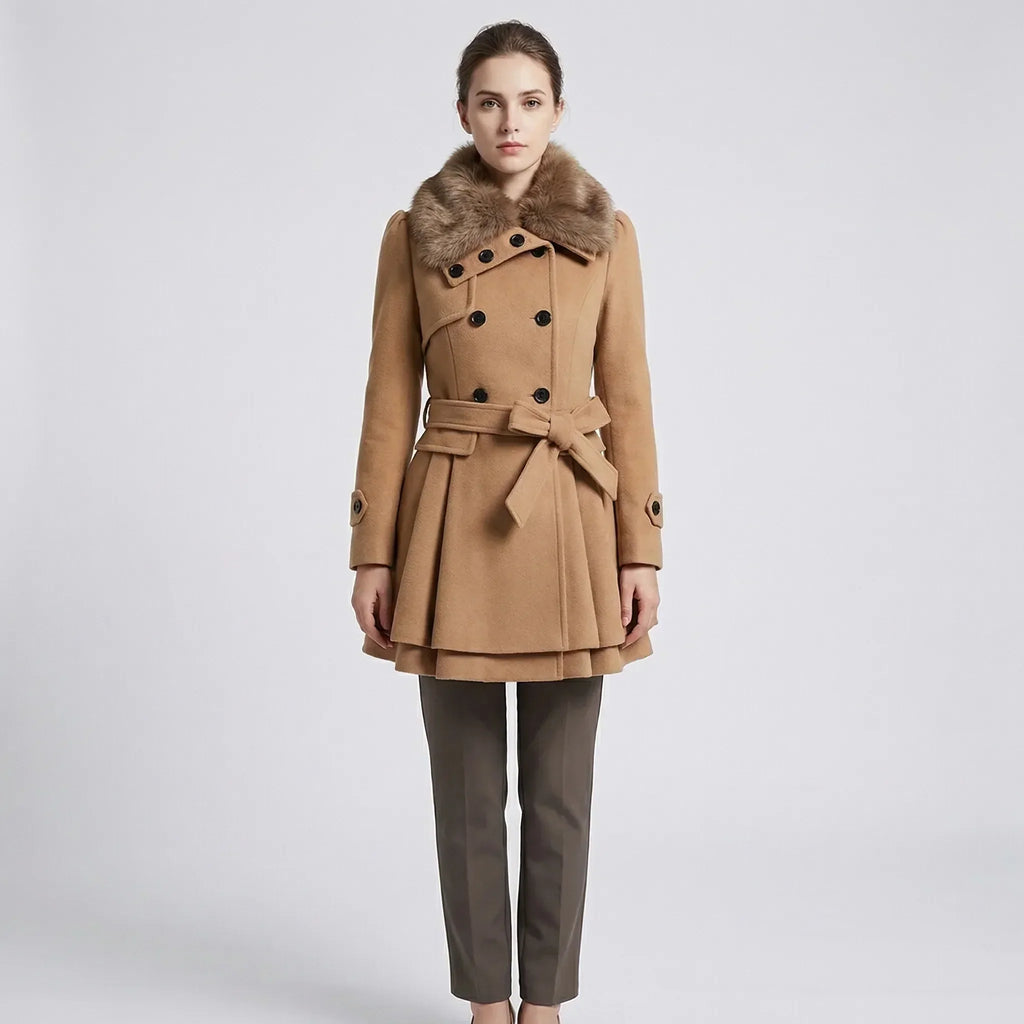 Eveanne | Belted Coat with Fur Collar Flared Hem