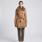 Eveanne | Belted Coat with Fur Collar Flared Hem