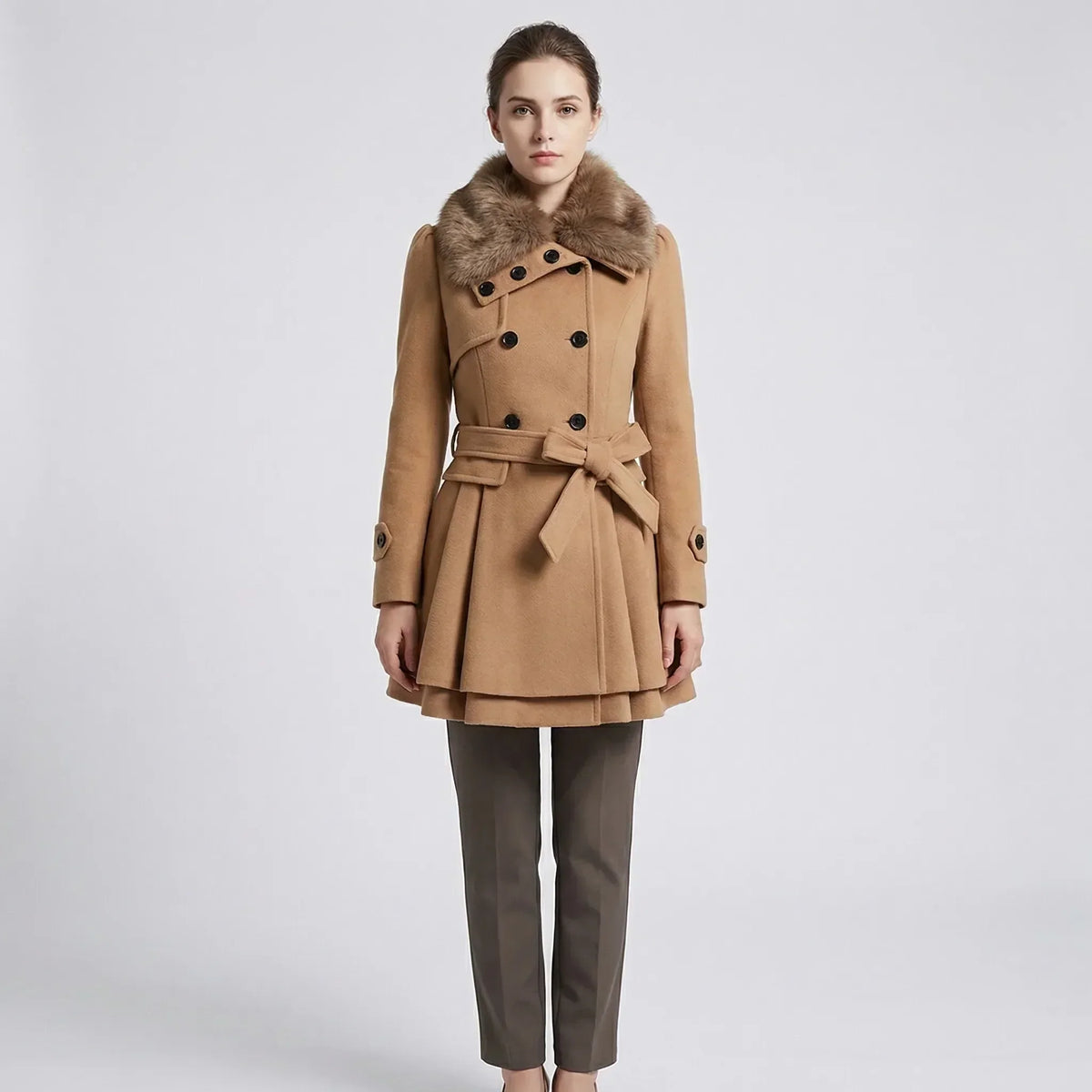 Eveanne | Belted Coat with Fur Collar Flared Hem