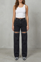 Eveara | Crystal Cut-Out Wide-Leg Jeans