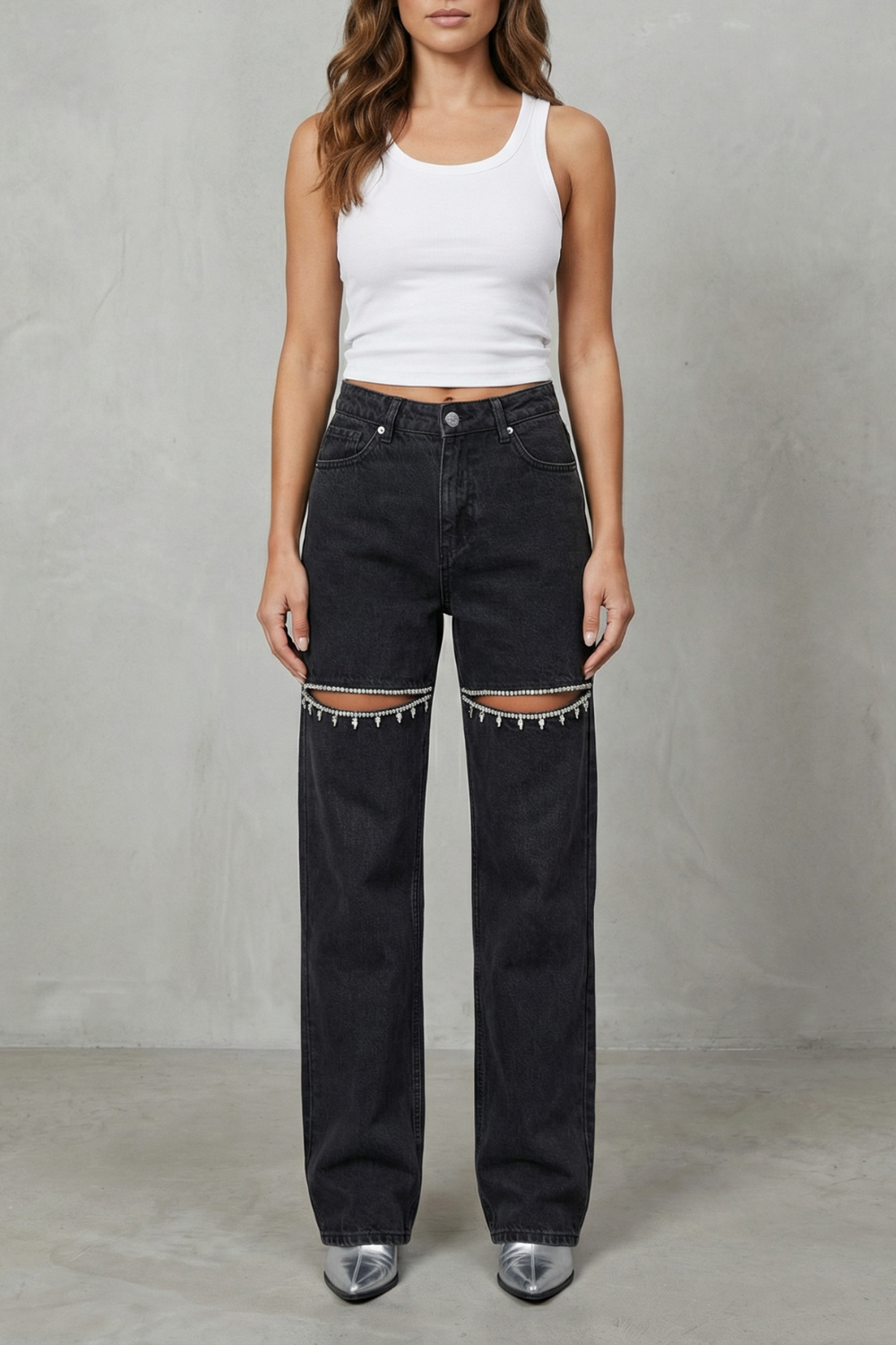 Eveara | Crystal Cut-Out Wide-Leg Jeans