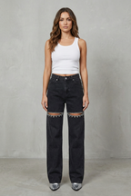 Eveara | Crystal Cut-Out Wide-Leg Jeans