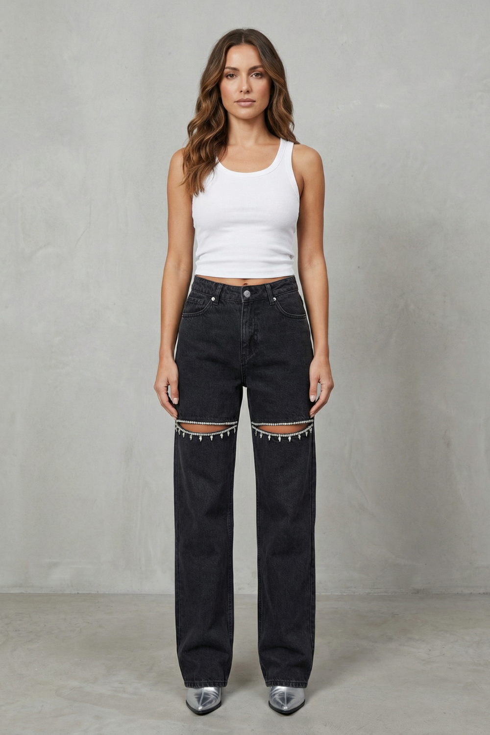 Eveara | Crystal Cut-Out Wide-Leg Jeans