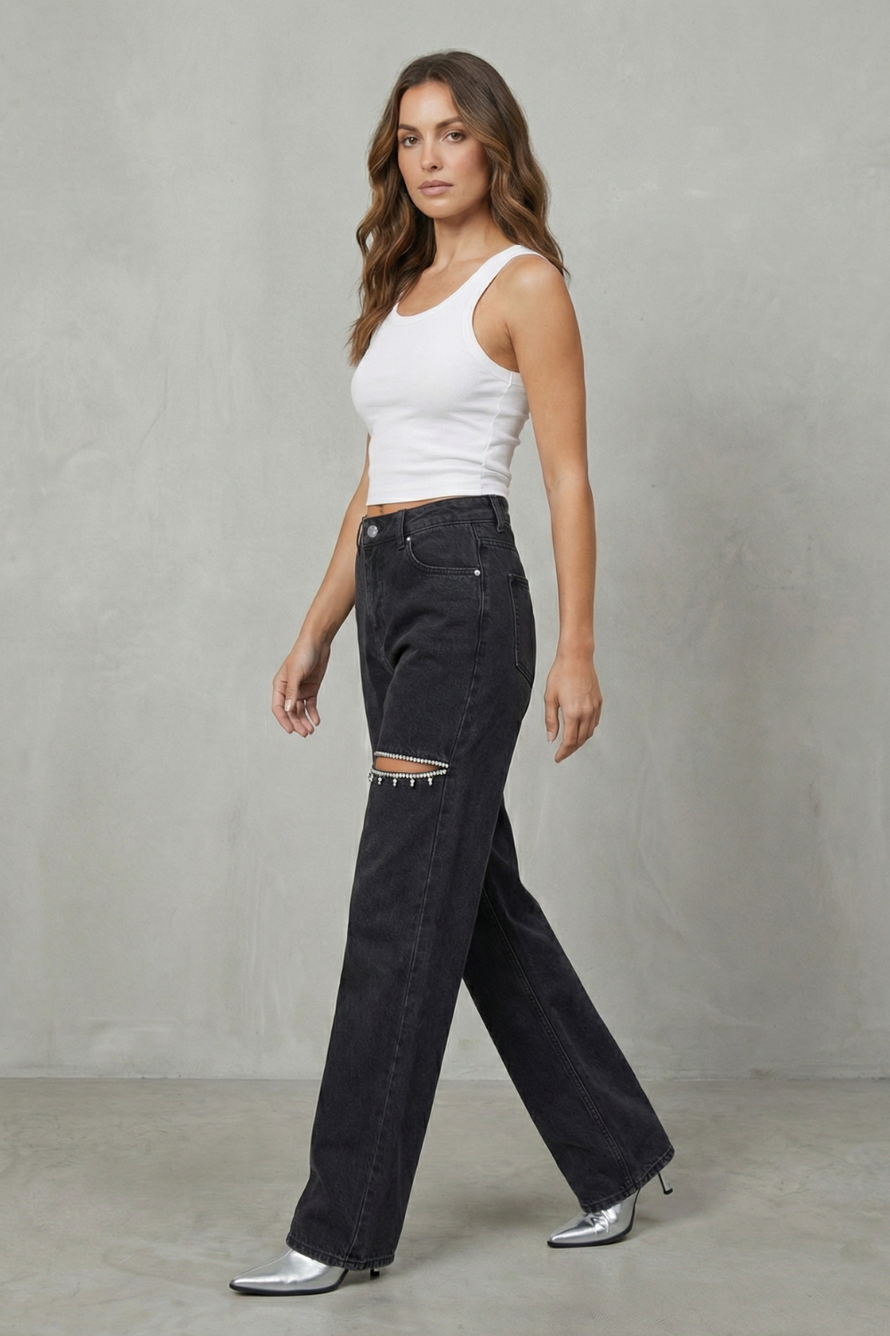 Eveara | Crystal Cut-Out Wide-Leg Jeans