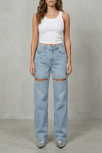 Eveara | Crystal Cut-Out Wide-Leg Jeans