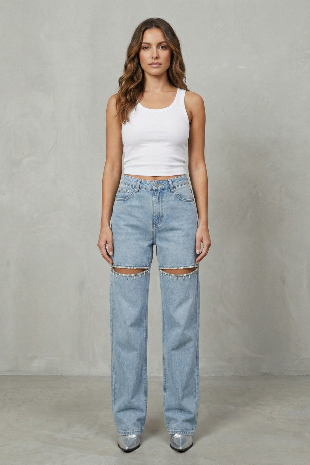 Eveara | Crystal Cut-Out Wide-Leg Jeans
