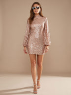 Evelle | Sequin High Neck Puff Sleeve Mini Dress