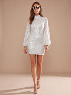 Evelle | Sequin High Neck Puff Sleeve Mini Dress