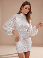 Evelle | Sequin High Neck Puff Sleeve Mini Dress