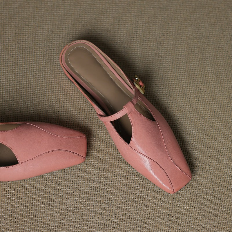 Faeora | Square-Toe Leather Mules with Cutout Strap