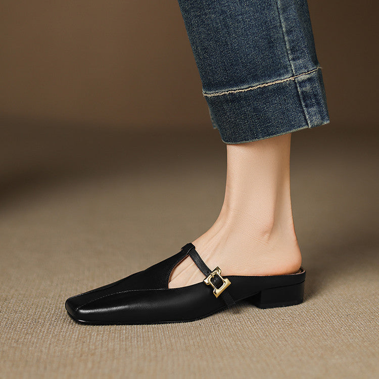 Faeora | Square-Toe Leather Mules with Cutout Strap