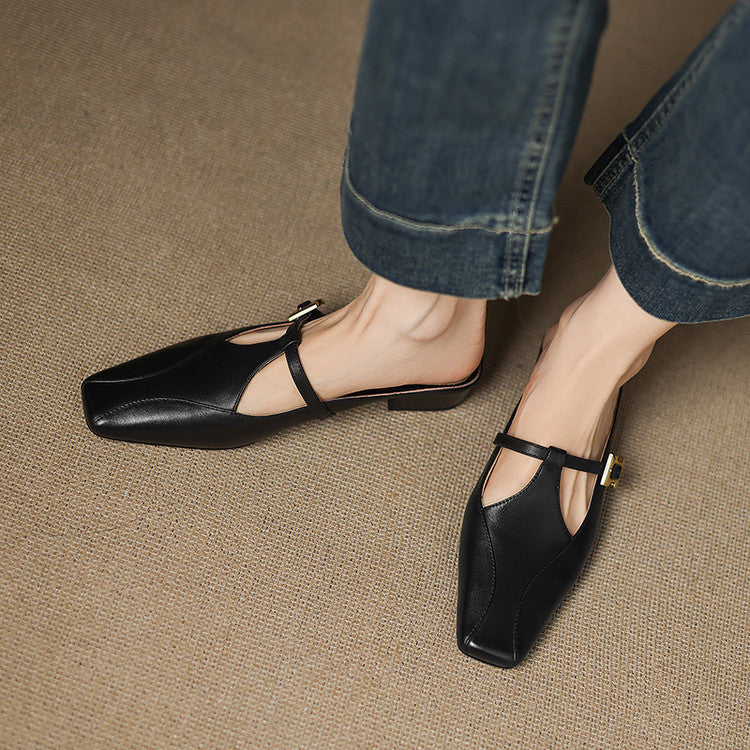 Faeora | Square-Toe Leather Mules with Cutout Strap