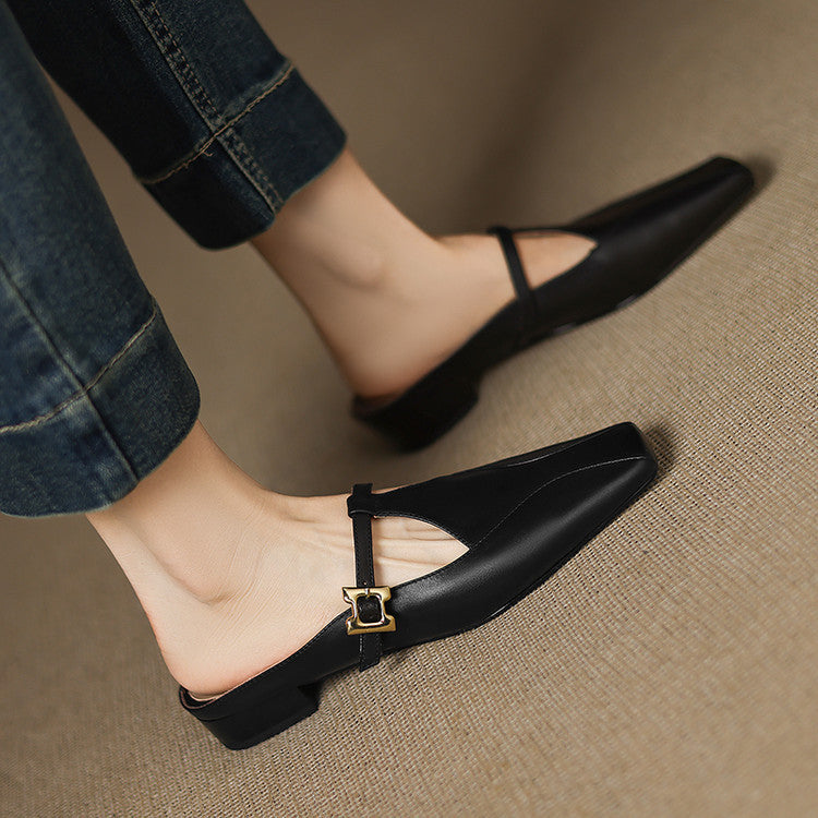 Faeora | Square-Toe Leather Mules with Cutout Strap