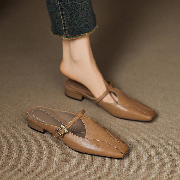 Faeora | Square-Toe Leather Mules with Cutout Strap