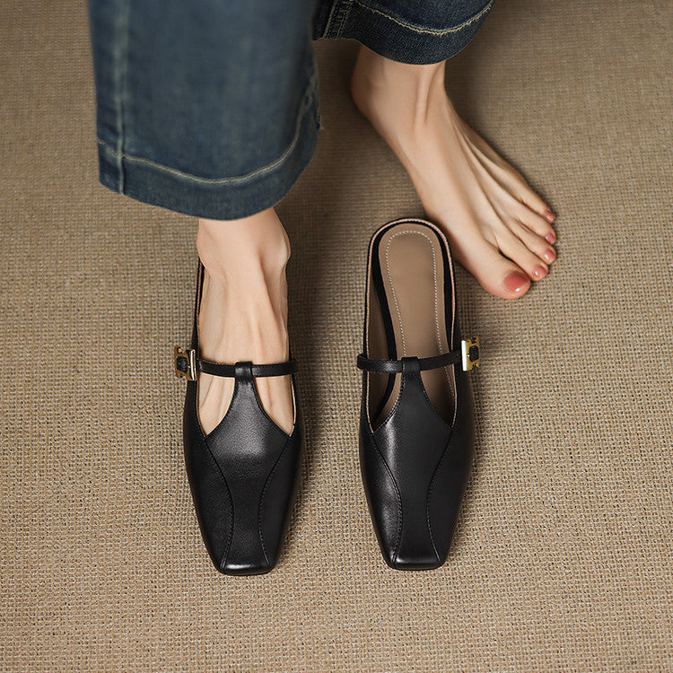 Faeora | Square-Toe Leather Mules with Cutout Strap