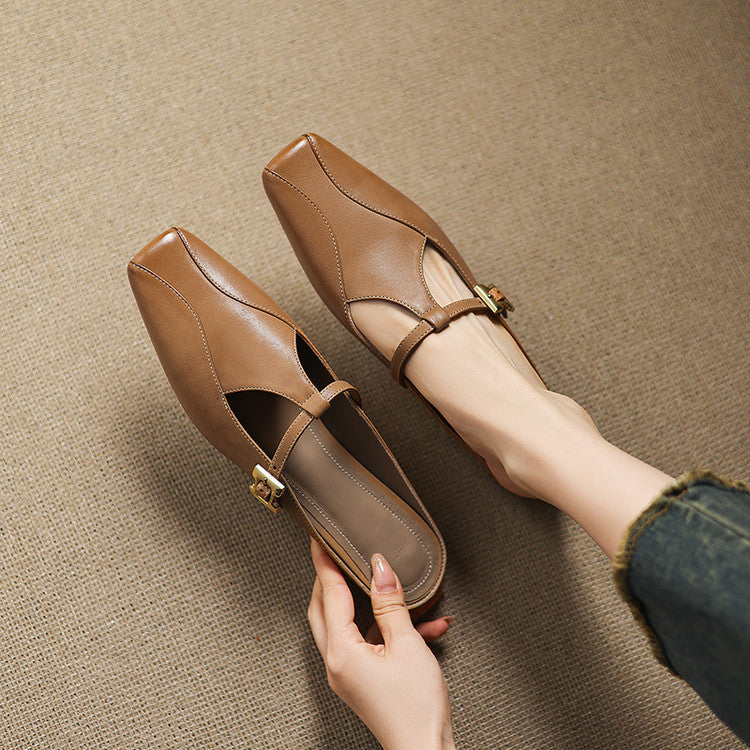 Faeora | Square-Toe Leather Mules with Cutout Strap