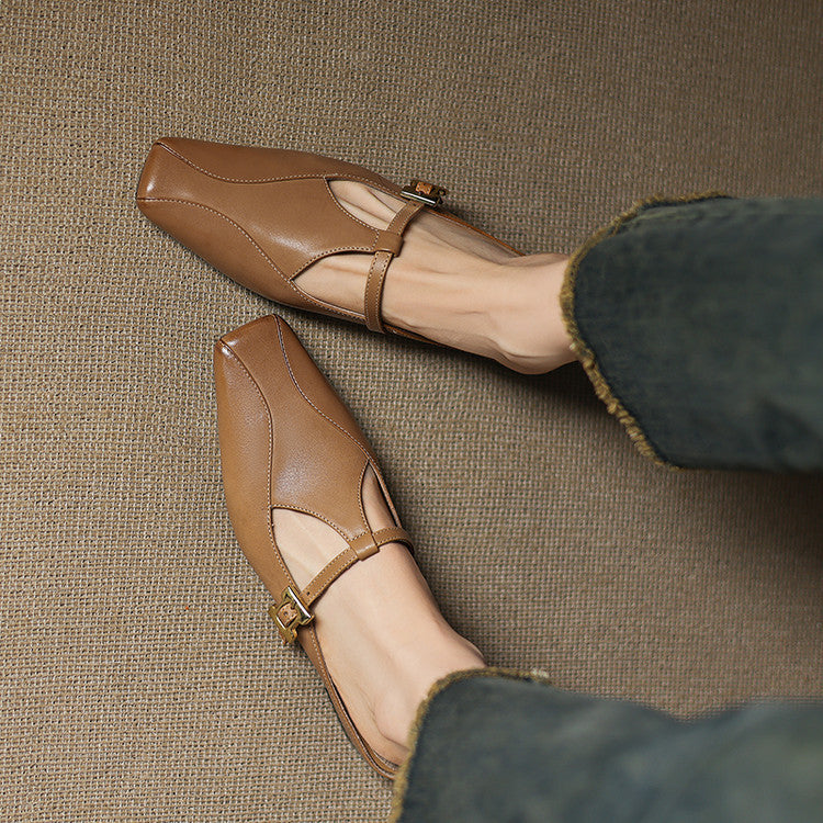 Faeora | Square-Toe Leather Mules with Cutout Strap