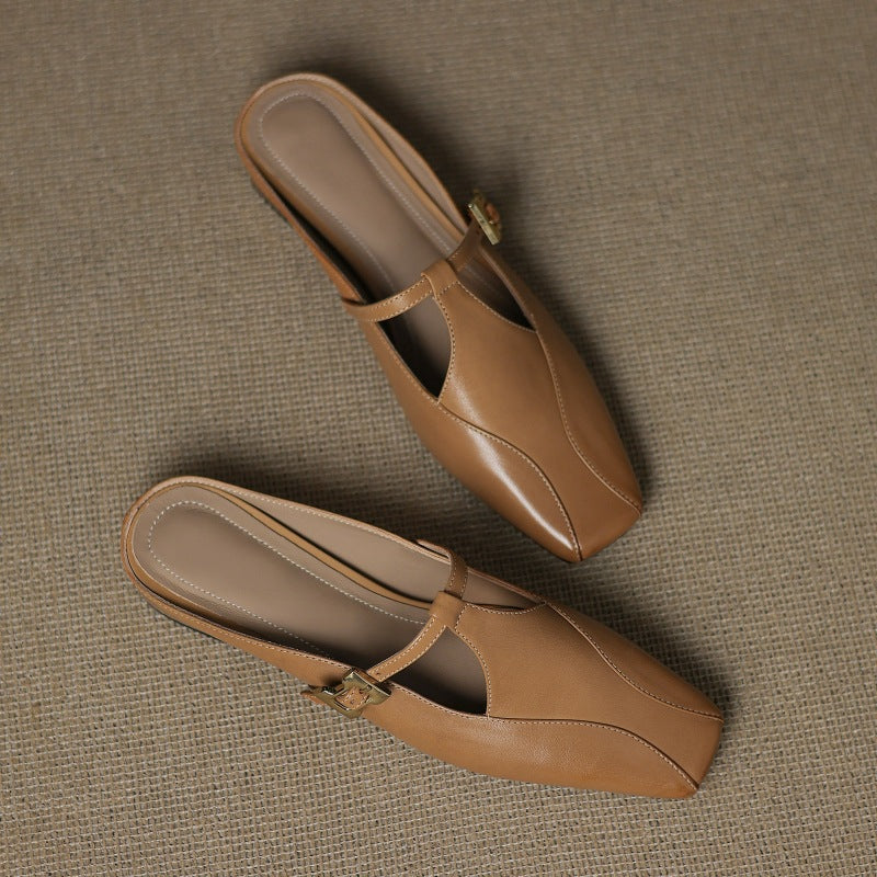 Faeora | Square-Toe Leather Mules with Cutout Strap