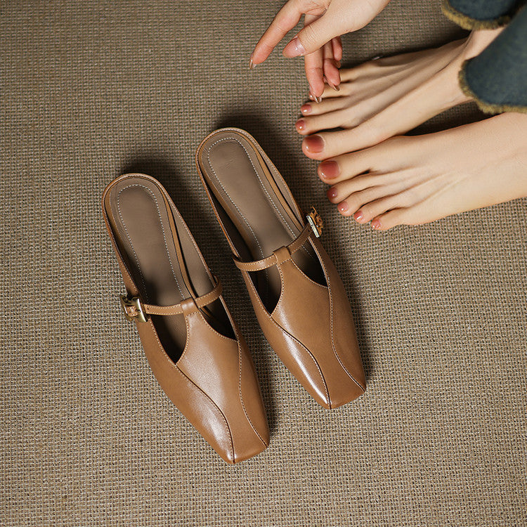 Faeora | Square-Toe Leather Mules with Cutout Strap