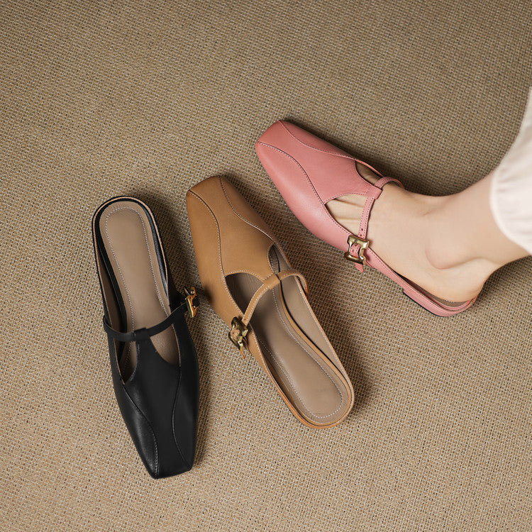 Faeora | Square-Toe Leather Mules with Cutout Strap