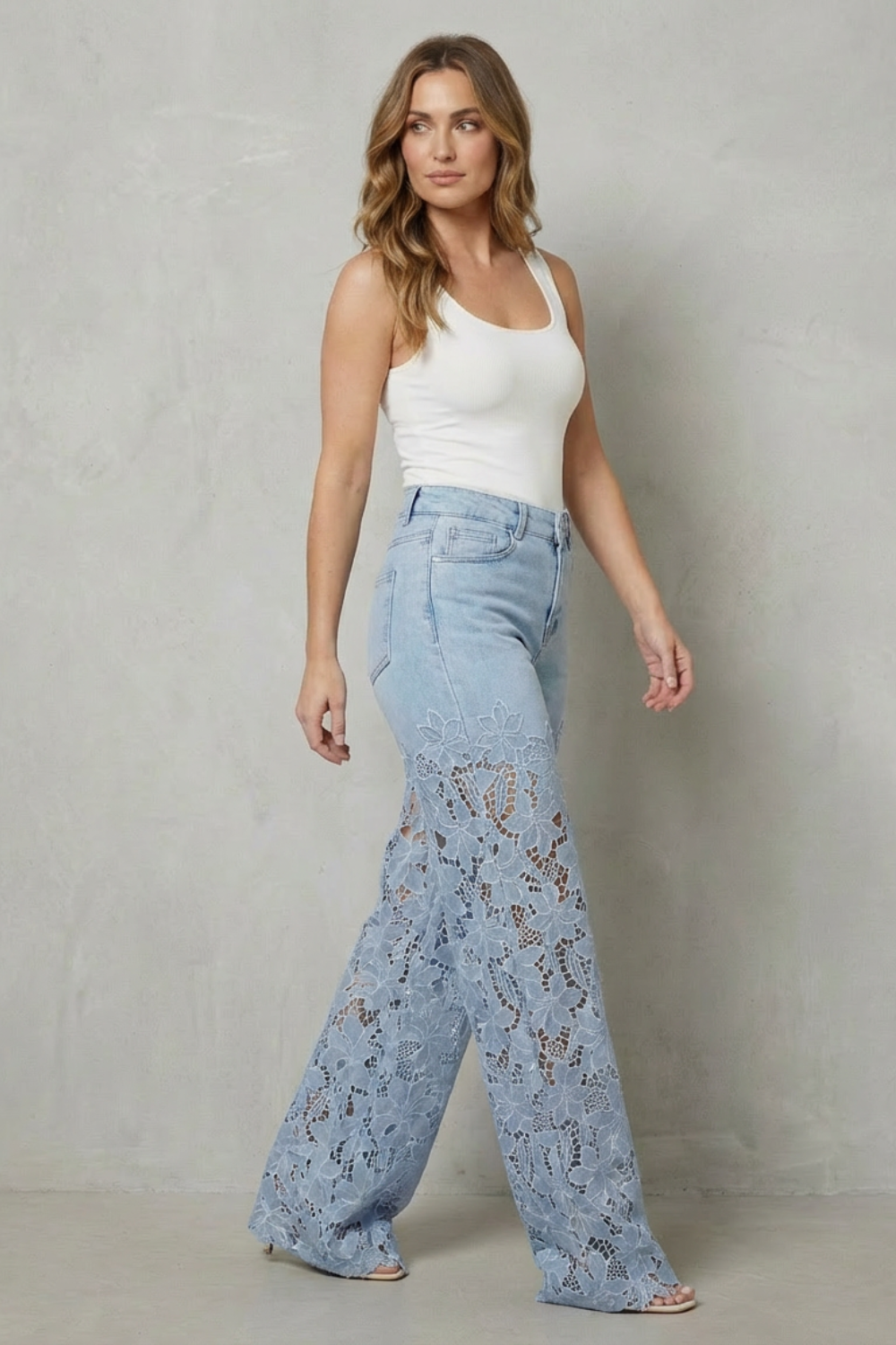 Galatea | Lace Panel Wide-Leg Jeans High Waist