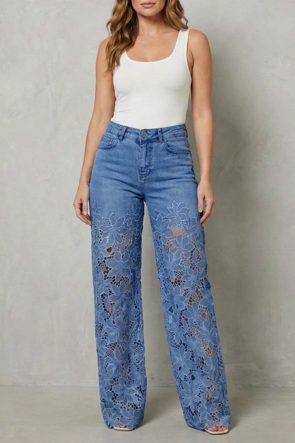 Galatea | Lace Panel Wide-Leg Jeans High Waist