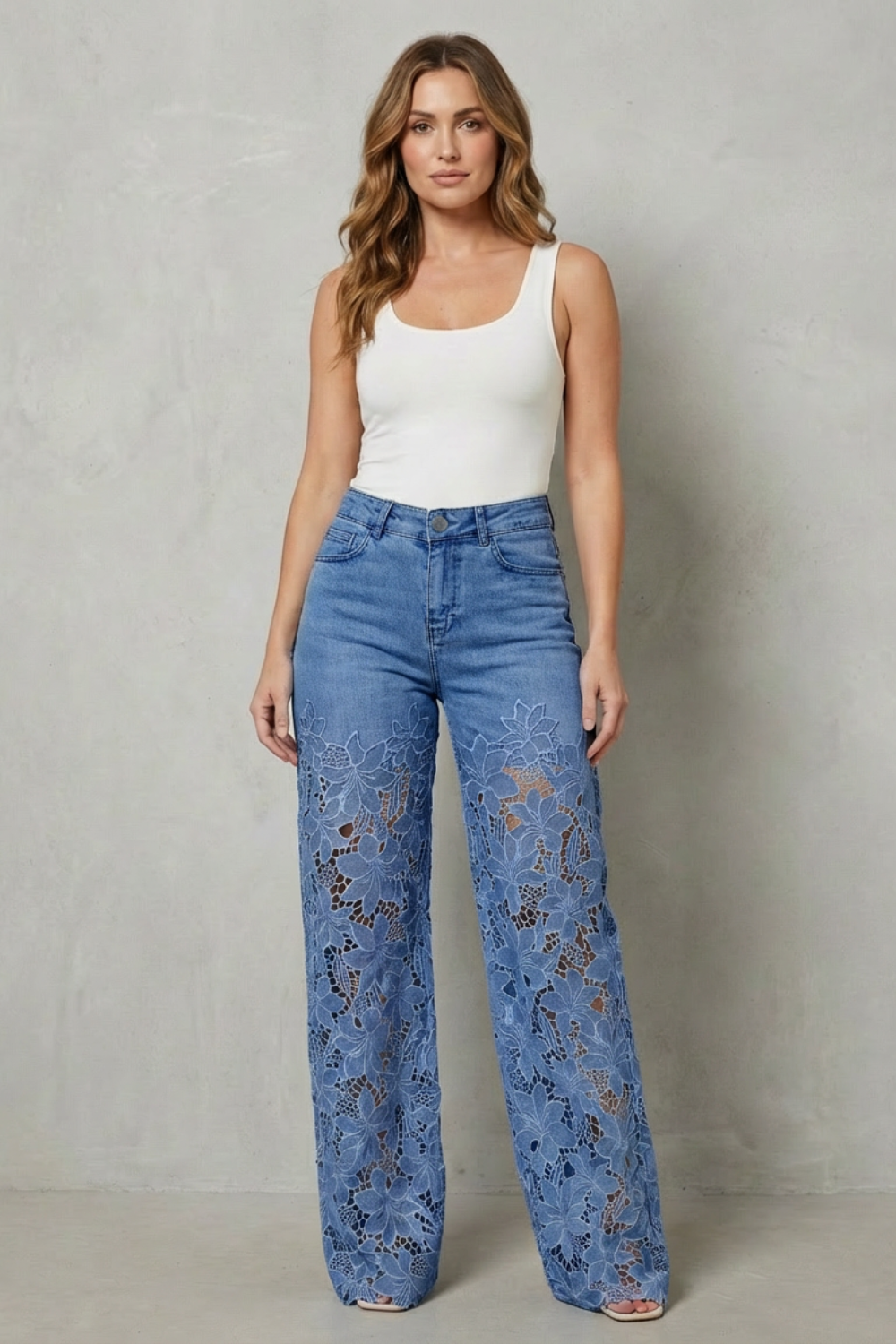 Galatea | Lace Panel Wide-Leg Jeans High Waist