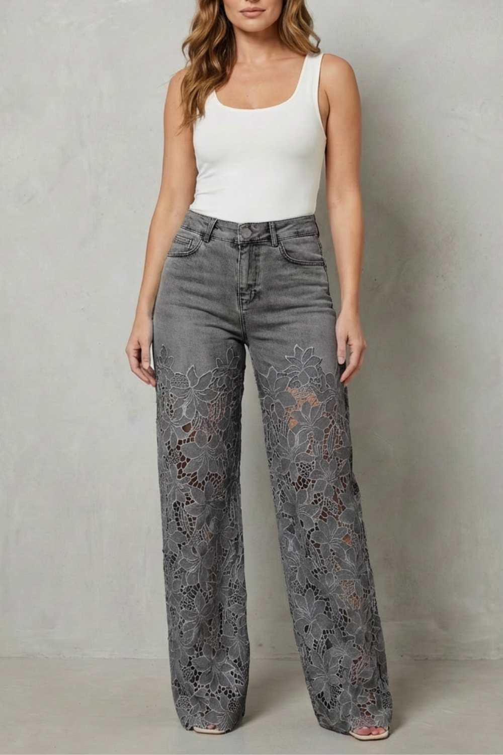 Galatea | Lace Panel Wide-Leg Jeans High Waist