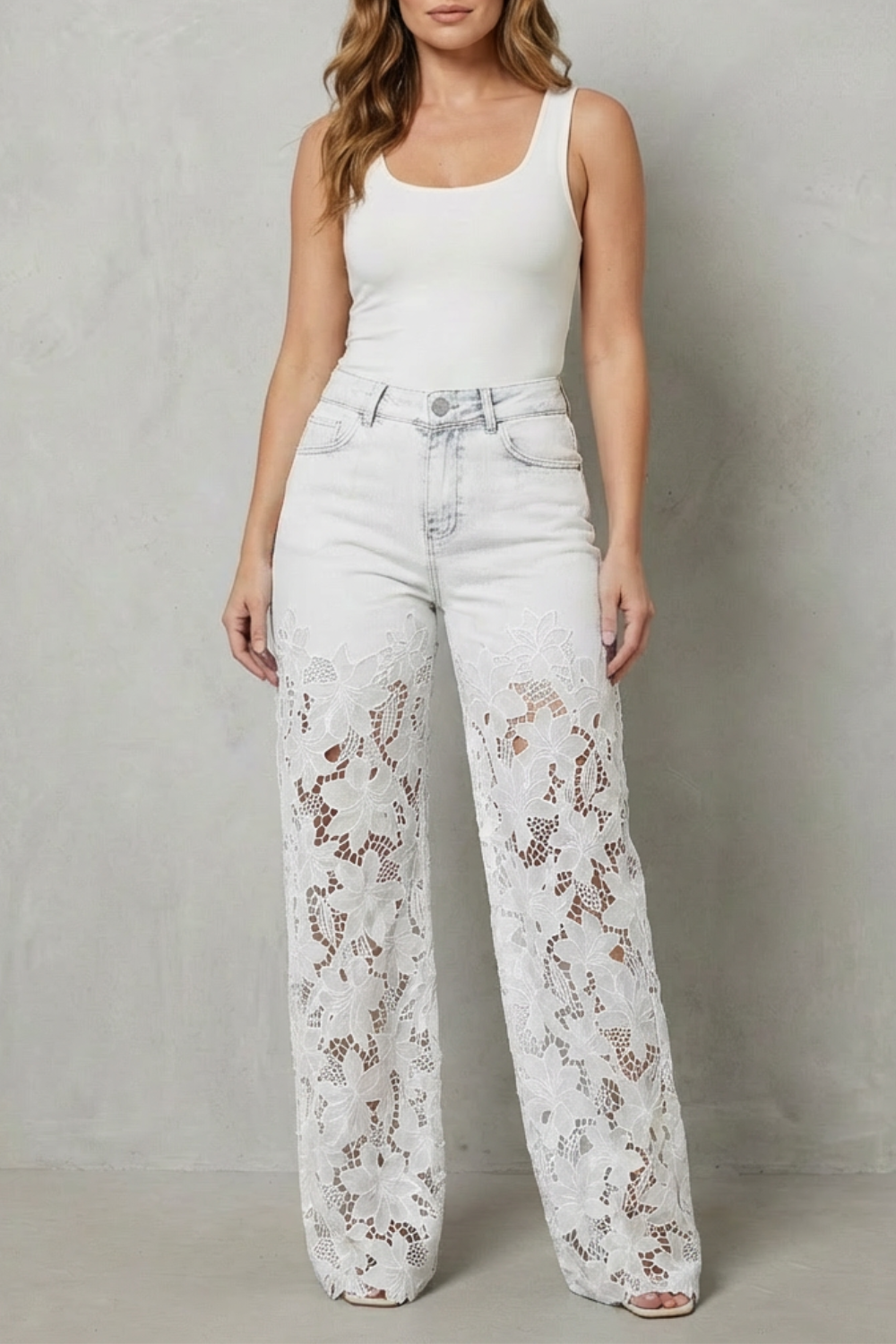 Galatea | Lace Panel Wide-Leg Jeans High Waist