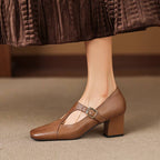 Gisette | Square-Toe Leather Mary Jane Block Heels