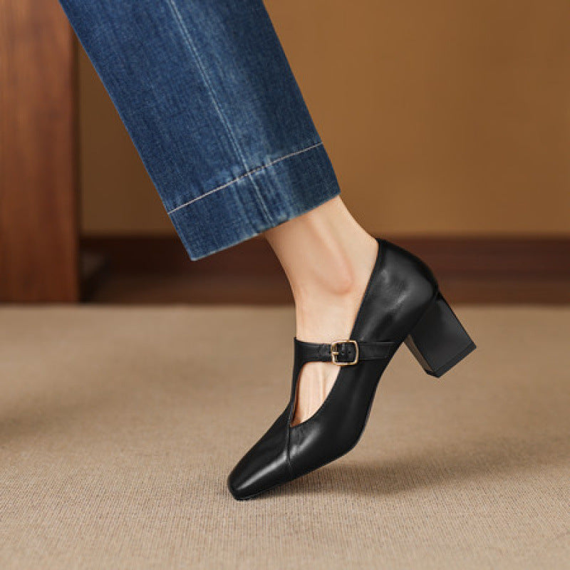 Gisette | Square-Toe Leather Mary Jane Block Heels
