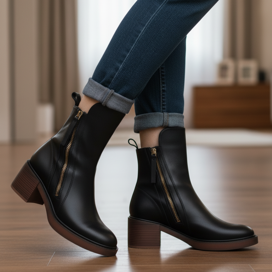 Gweana | Leather Ankle Boots with Block Heel